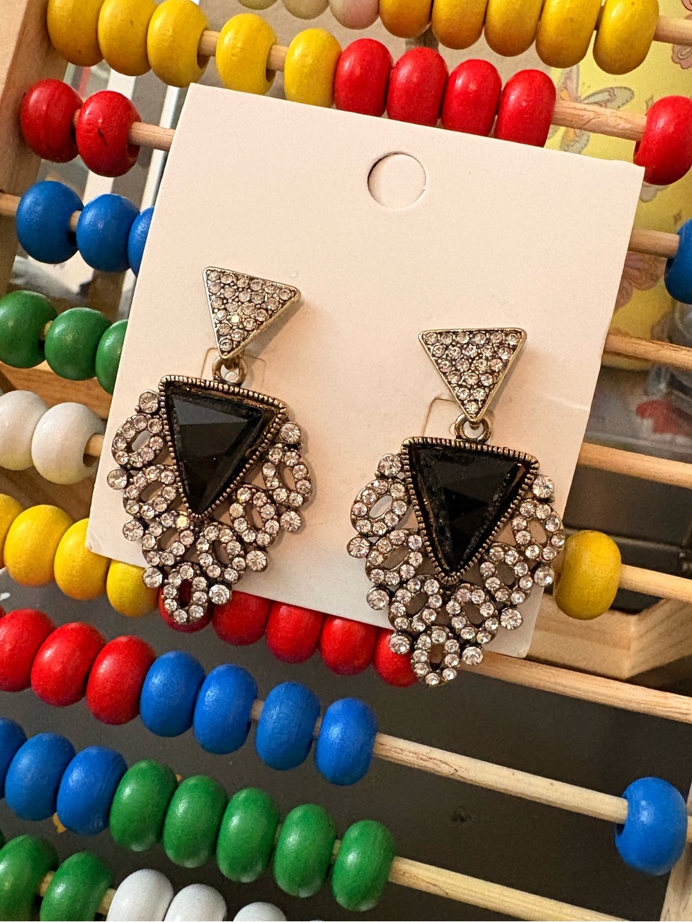 Vintage Gold-Tone Black & Clear Crystal Drop Earrings